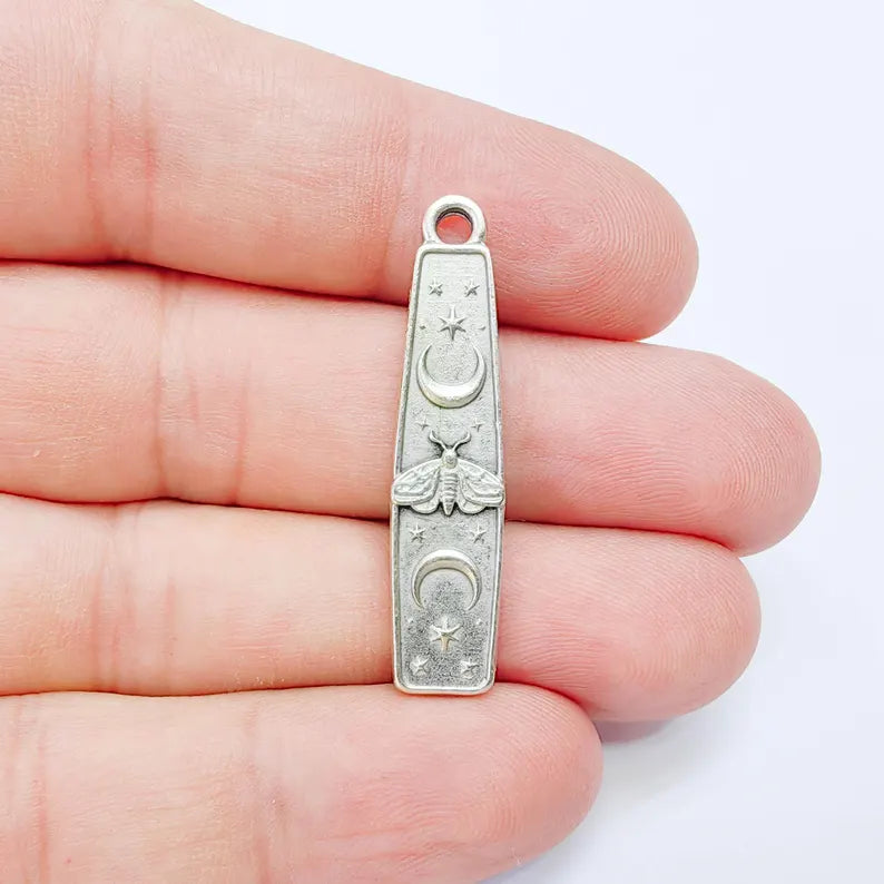 Luna Moth Charm Pendant, Double Sided Celestial Moon and Stars, 39x9mm, Antique Silver Plated G38166