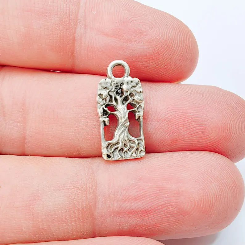2 Tree of Life Charm Pendant, Openwork Tree Design, Antique Silver Plated, 19x9mm, G38168