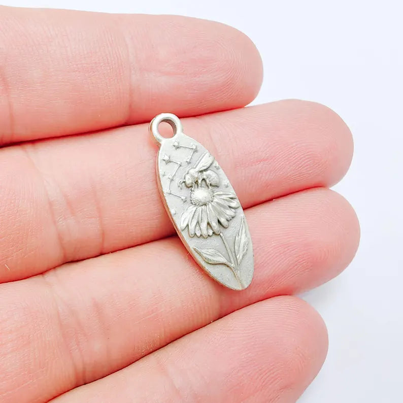 Bee & Wildflower Pendant Charm, Double Sided Botanical Design, Antique Silver Plated, 30x11mm, G38170