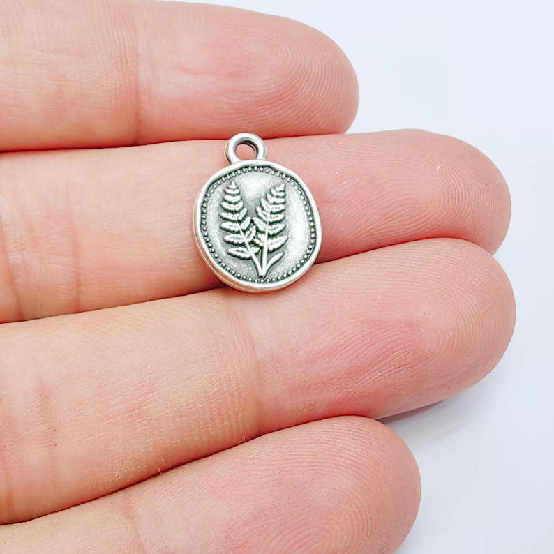 4 Fern Pendant Charm, Double Sided Botanical Charm, Antique Silver Plated, 16x13mm, G38172