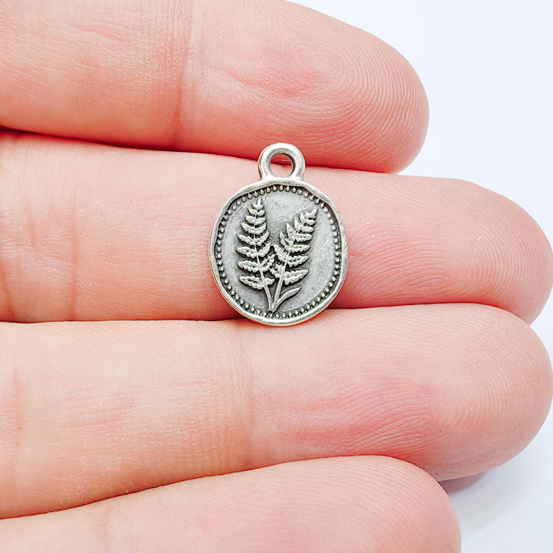4 Fern Pendant Charm, Double Sided Botanical Charm, Antique Silver Plated, 16x13mm, G38172