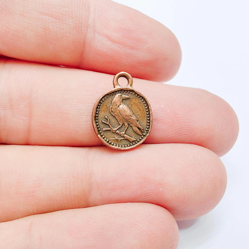 4 Raven Bird Charm Pendant, Double Sided Nature Animal Design, 16x13mm, Antique Copper Plated G38173