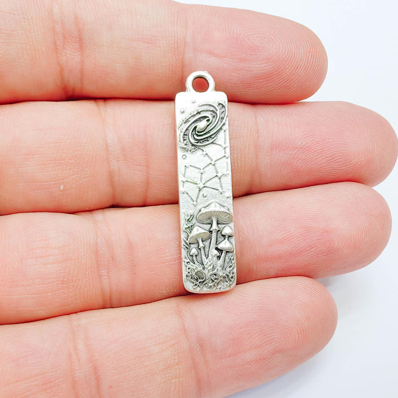 Celestial Mushroom Pendant Charm, Double Sided, Antique Silver Plated, 38x9mm, G38174