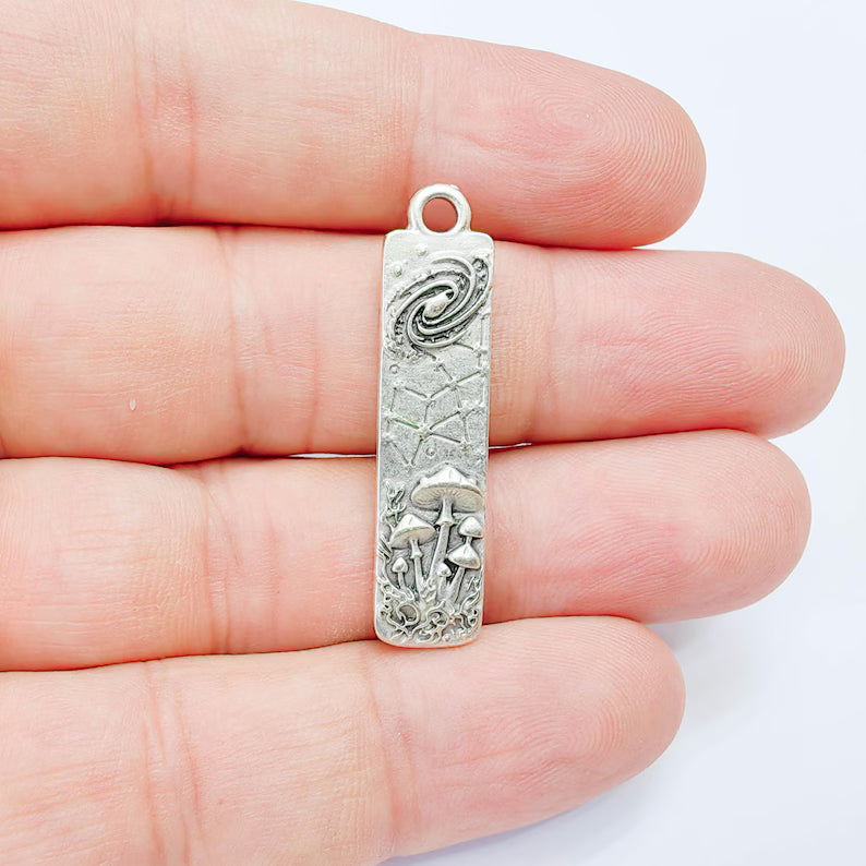 Celestial Mushroom Pendant Charm, Double Sided, Antique Silver Plated, 38x9mm, G38174