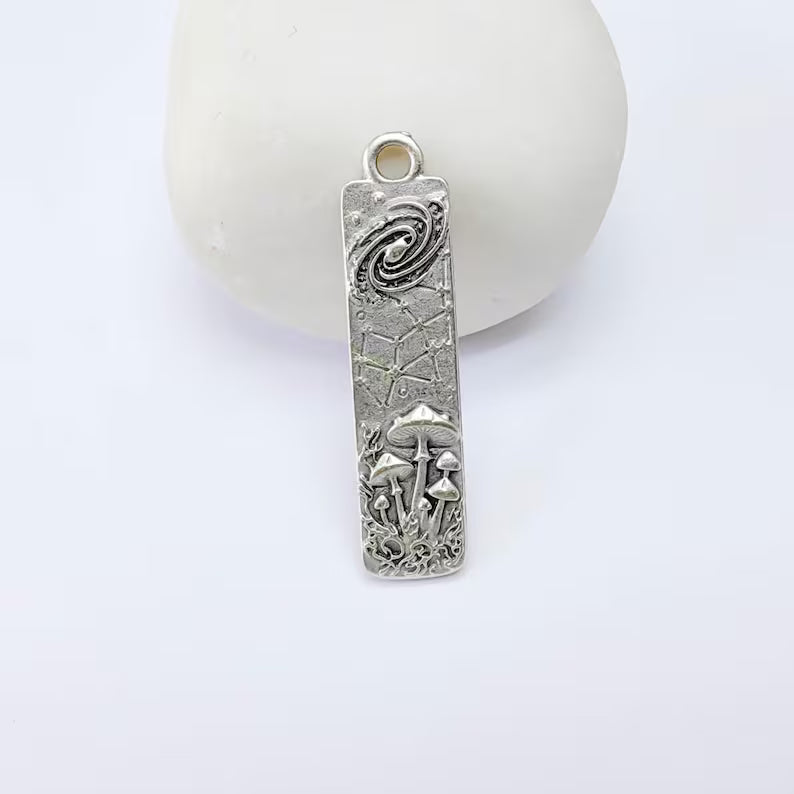 Celestial Mushroom Pendant Charm, Double Sided, Antique Silver Plated, 38x9mm, G38174