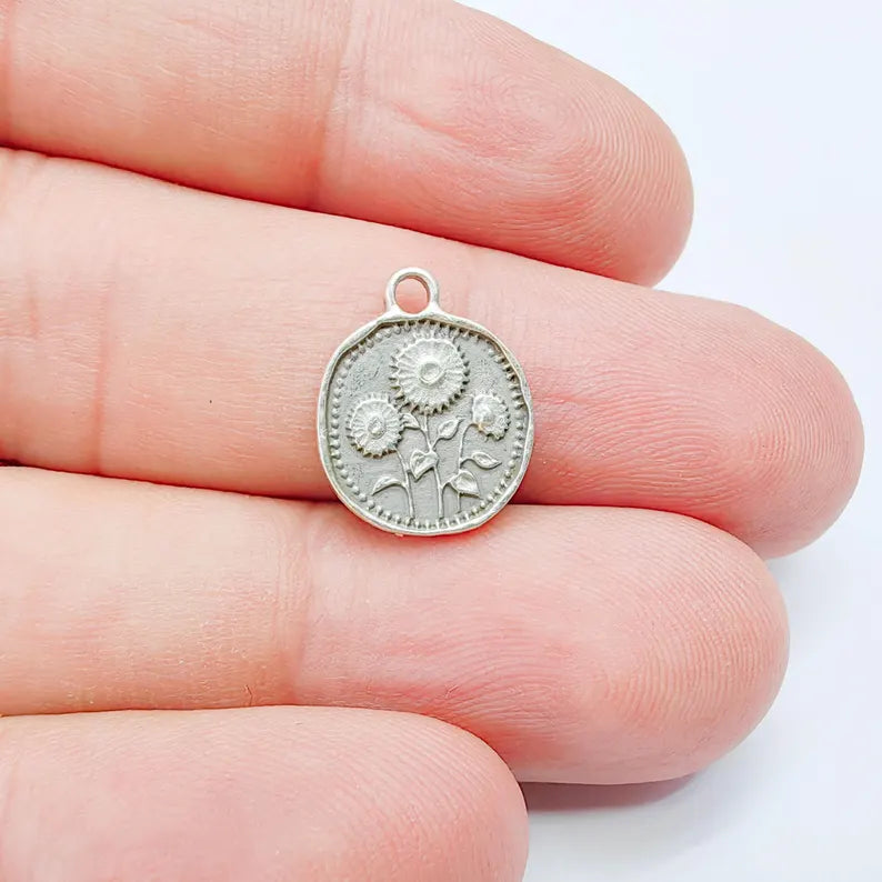 4 Sunflower Pendant Charm, Double Sided Botanical Charm, Antique Silver Plated, 16x13mm, G38176