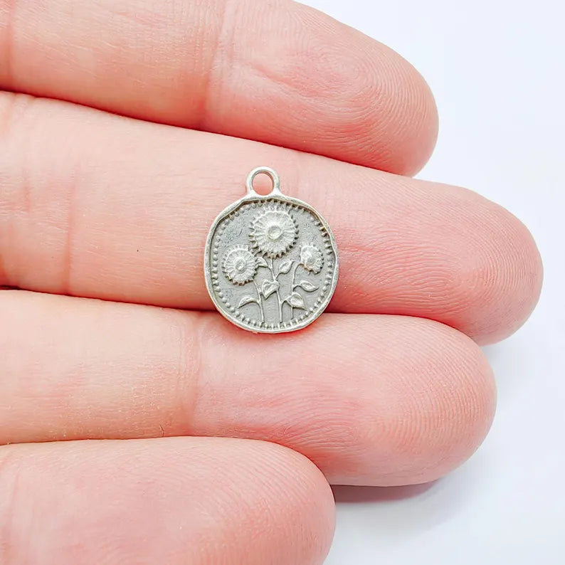 4 Sunflower Pendant Charm, Double Sided Botanical Charm, Antique Silver Plated, 16x13mm, G38176