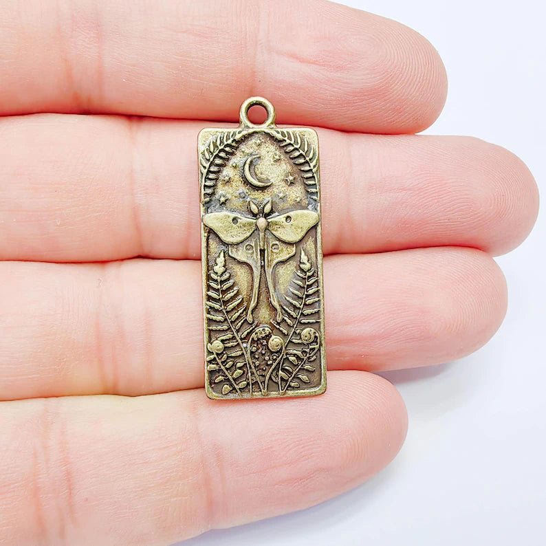 Luna Moth Pendant Charm, Double Sided Nature Design, Antique Bronze Plated, 37x15mm, G38177