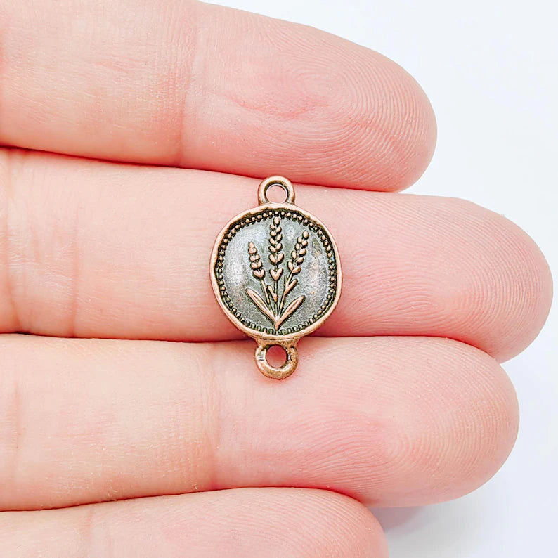 4 Lavender Connector Charm, Round Pendant, Double Sided, Antique Copper Plated, 20x13mm G38178