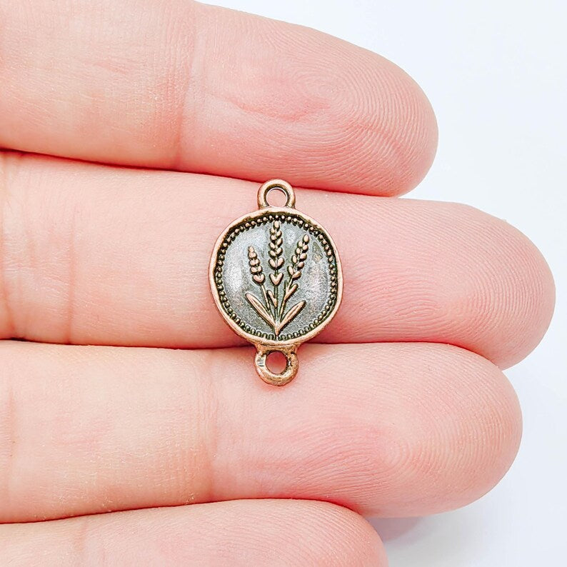 4 Lavender Connector Charm, Round Pendant, Double Sided, Antique Copper Plated, 20x13mm G38178