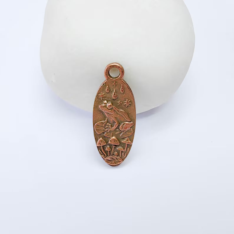Frog Mushroom Pendant Charm, Double Sided Woodland Design, Antique Copper Plated, 30x12mm, G38162