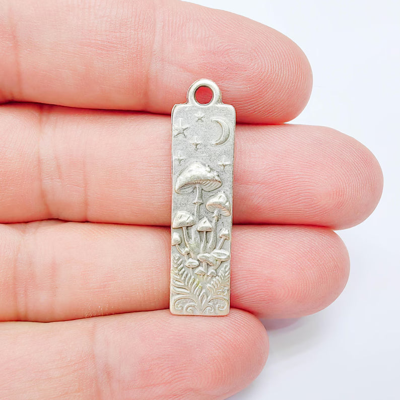 Celestial Mushroom Pendant Charm, Double Sided Woodland Design, Antique Silver Plated, 37x9mm, G38163