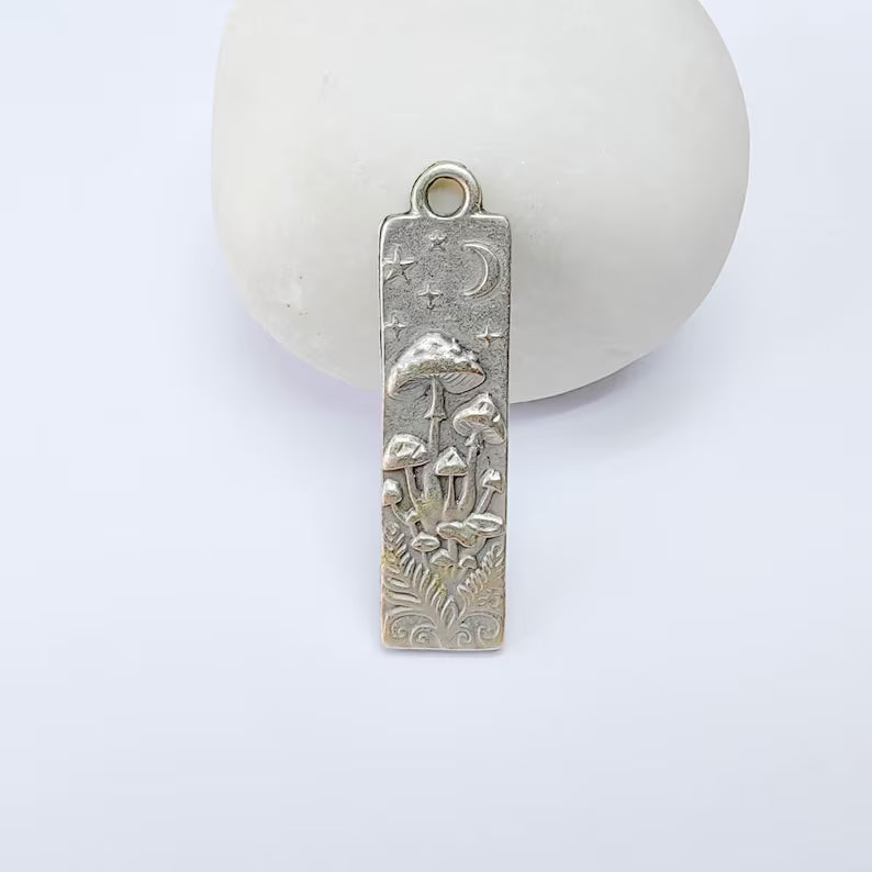 Celestial Mushroom Pendant Charm, Double Sided Woodland Design, Antique Silver Plated, 37x9mm, G38163