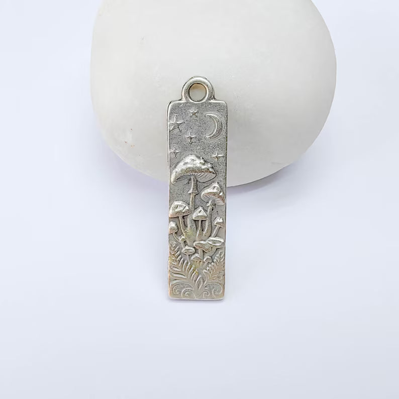 Celestial Mushroom Pendant Charm, Double Sided Woodland Design, Antique Silver Plated, 37x9mm, G38163