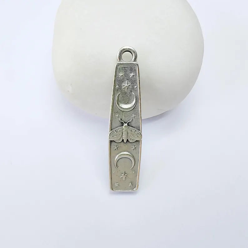 Luna Moth Charm Pendant, Double Sided Celestial Moon and Stars, 39x9mm, Antique Silver Plated G38166