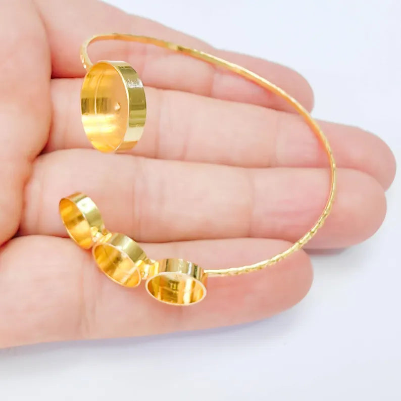 Multi Bezel Cuff Bracelet Base, Adjustable Round Settings 14mm 10mm, 24K Gold Color, G38167