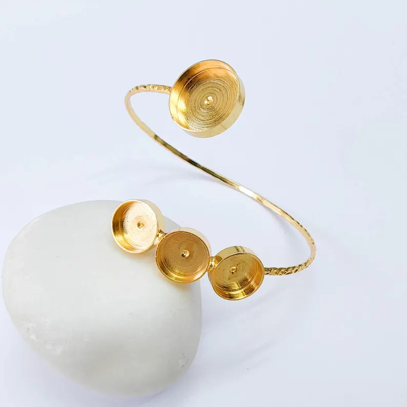 Multi Bezel Cuff Bracelet Base, Adjustable Round Settings 14mm 10mm, 24K Gold Color, G38167