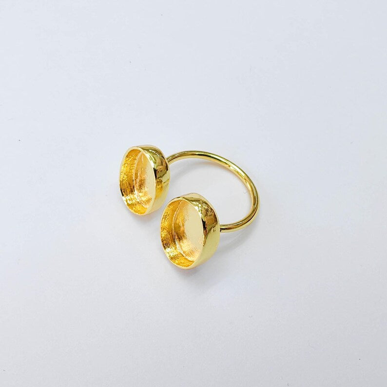 Double Oval Bezel Adjustable Ring, 14x10mm Settings, 24K Gold Color Ring Blank, G38182