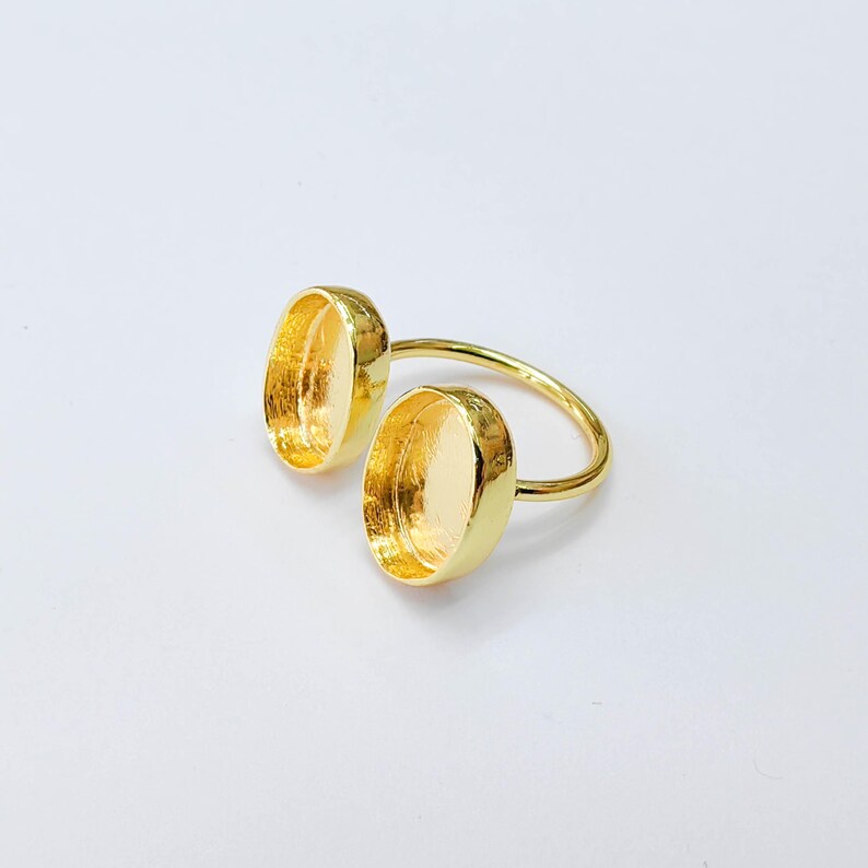 Double Oval Bezel Adjustable Ring, 14x10mm Settings, 24K Gold Color Ring Blank, G38182