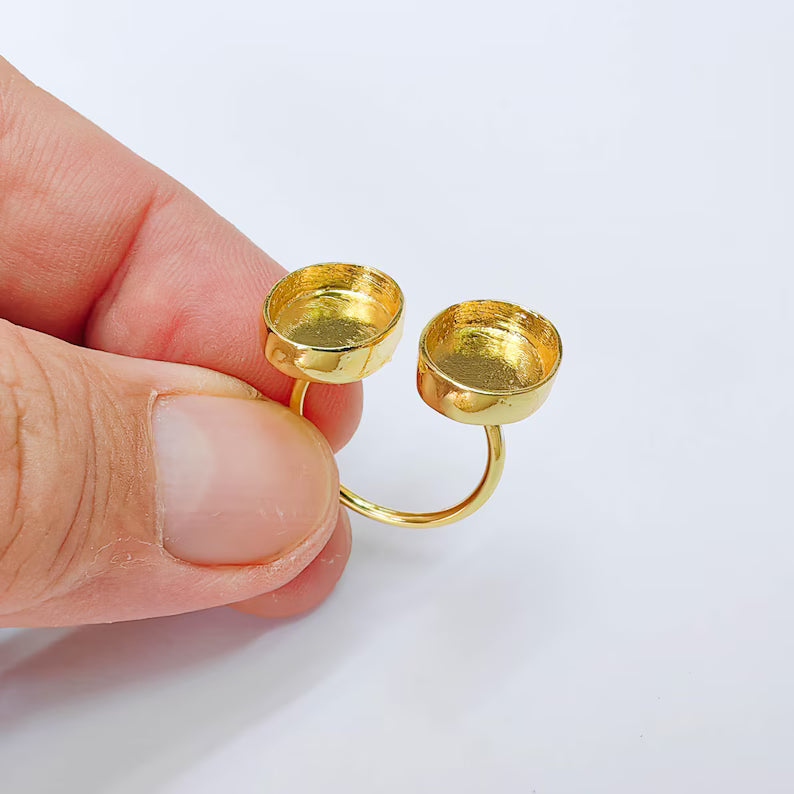 Double Oval Bezel Adjustable Ring, 14x10mm Settings, 24K Gold Color Ring Blank, G38182