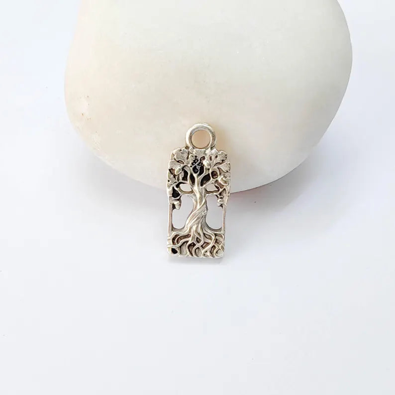 2 Tree of Life Charm Pendant, Openwork Tree Design, Antique Silver Plated, 19x9mm, G38168