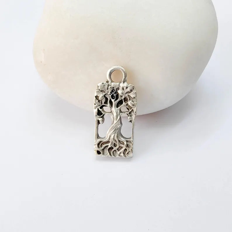 2 Tree of Life Charm Pendant, Openwork Tree Design, Antique Silver Plated, 19x9mm, G38168