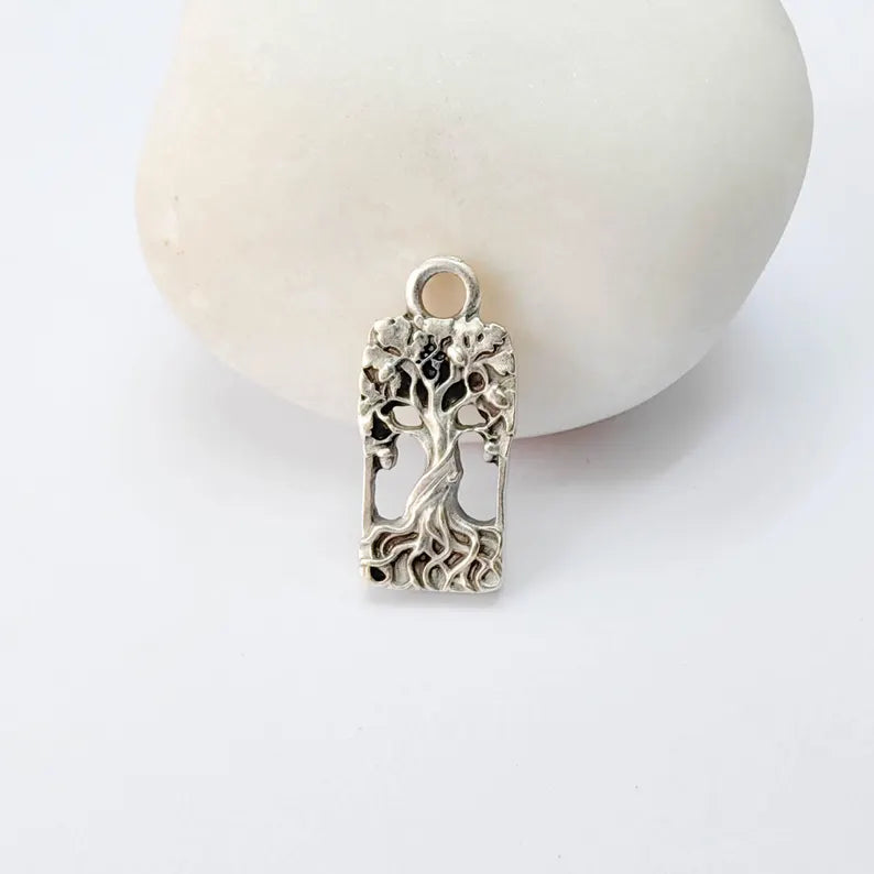 2 Tree of Life Charm Pendant, Openwork Tree Design, Antique Silver Plated, 19x9mm, G38168