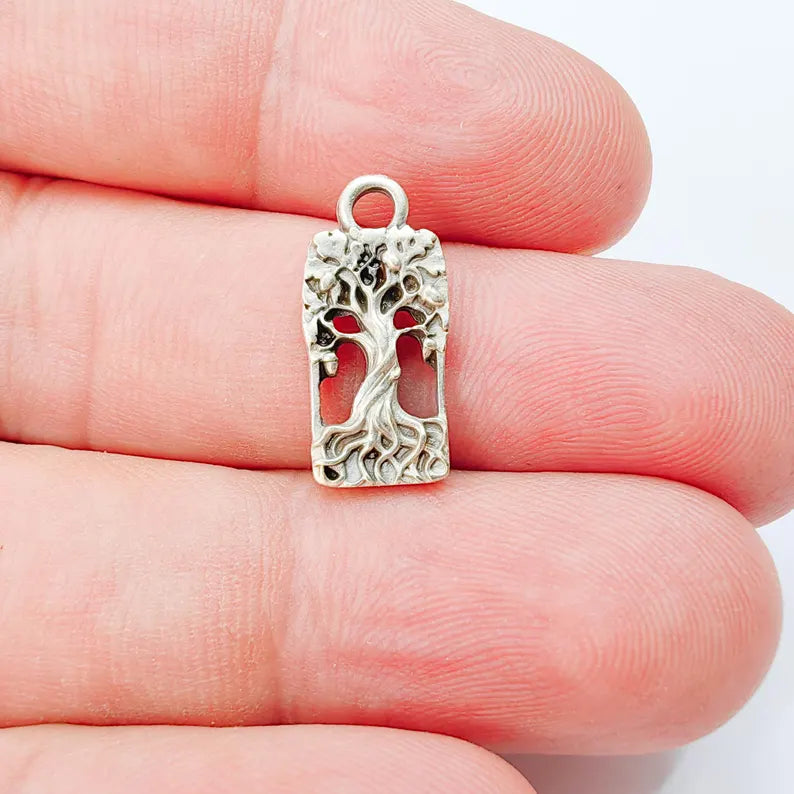 2 Tree of Life Charm Pendant, Openwork Tree Design, Antique Silver Plated, 19x9mm, G38168
