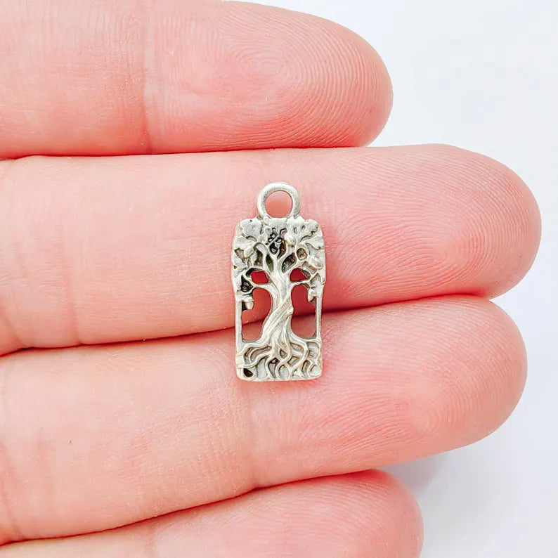 2 Tree of Life Charm Pendant, Openwork Tree Design, Antique Silver Plated, 19x9mm, G38168