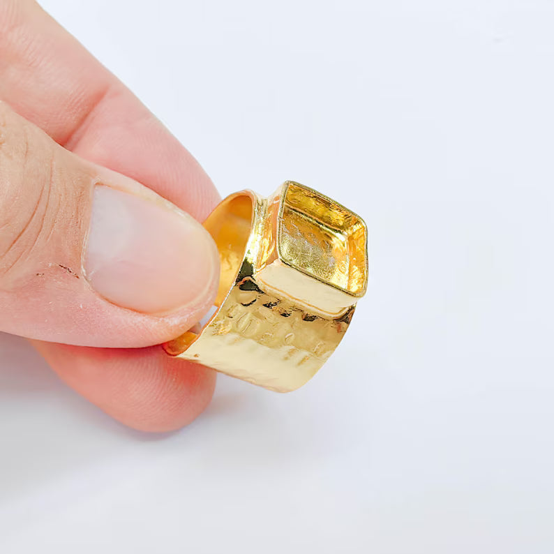 Square Bezel Adjustable Ring, 10x10mm Setting, 24K Gold Color Brass Ring Blank, G38169