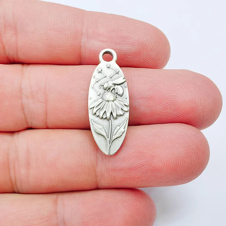 Bee & Wildflower Pendant Charm, Double Sided Botanical Design, Antique Silver Plated, 30x11mm, G38170