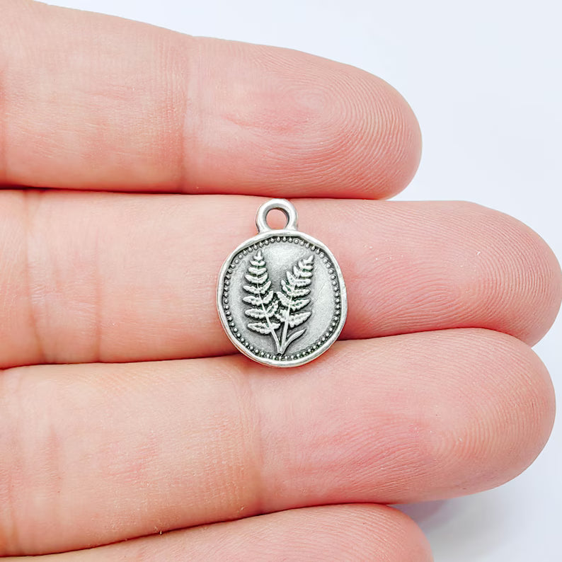 4 Fern Pendant Charm, Double Sided Botanical Charm, Antique Silver Plated, 16x13mm, G38172