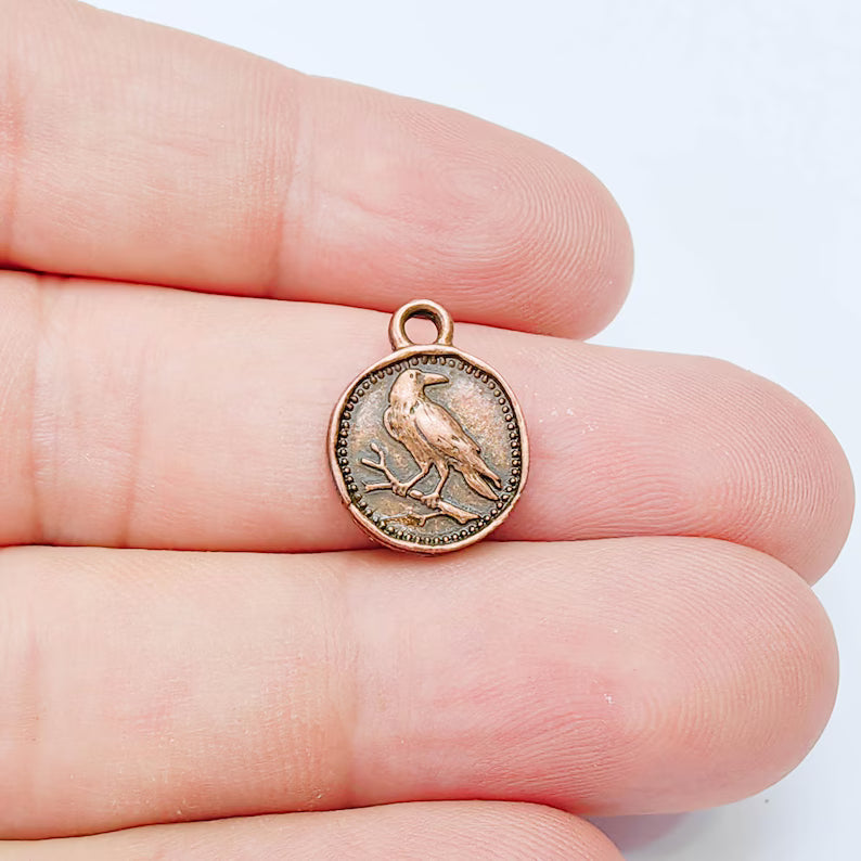 4 Raven Bird Charm Pendant, Double Sided Nature Animal Design, 16x13mm, Antique Copper Plated G38173