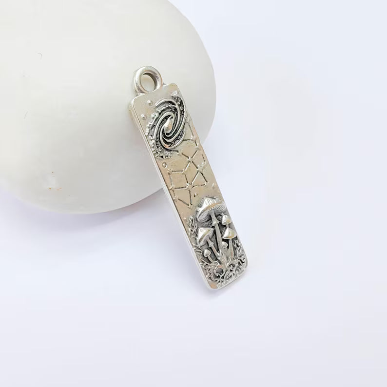 Celestial Mushroom Pendant Charm, Double Sided, Antique Silver Plated, 38x9mm, G38174