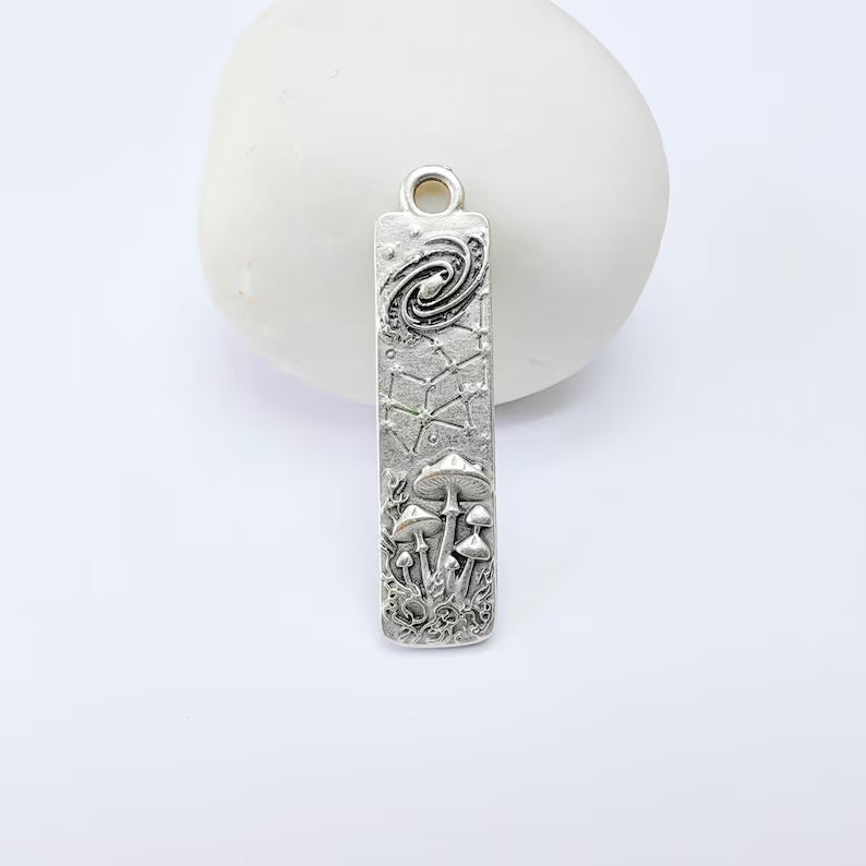 Celestial Mushroom Pendant Charm, Double Sided, Antique Silver Plated, 38x9mm, G38174