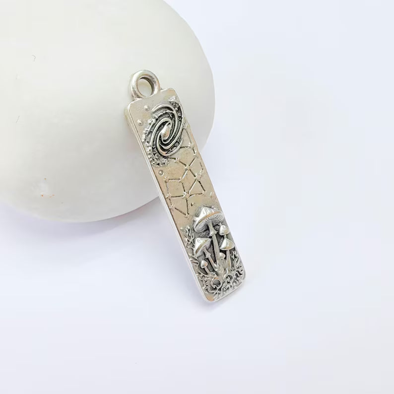 Celestial Mushroom Pendant Charm, Double Sided, Antique Silver Plated, 38x9mm, G38174