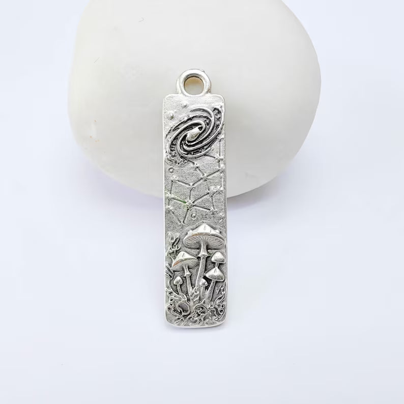 Celestial Mushroom Pendant Charm, Double Sided, Antique Silver Plated, 38x9mm, G38174