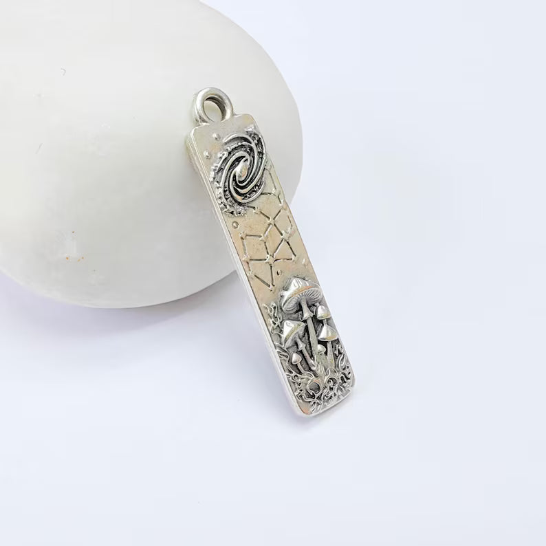 Celestial Mushroom Pendant Charm, Double Sided, Antique Silver Plated, 38x9mm, G38174