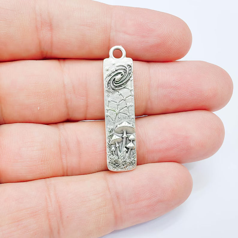 Celestial Mushroom Pendant Charm, Double Sided, Antique Silver Plated, 38x9mm, G38174