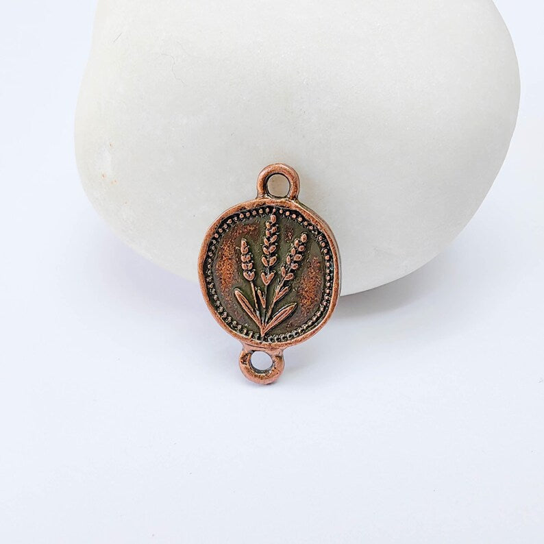 4 Lavender Connector Charm, Round Pendant, Double Sided, Antique Copper Plated, 20x13mm G38178