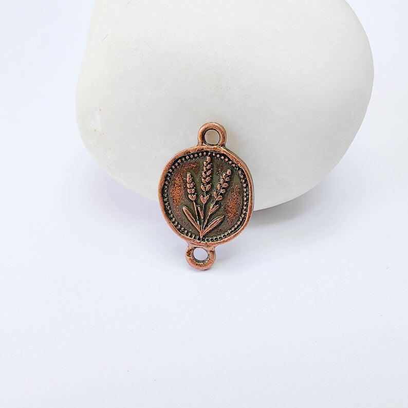 4 Lavender Connector Charm, Round Pendant, Double Sided, Antique Copper Plated, 20x13mm G38178