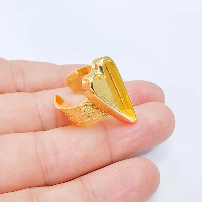 Heart Bezel Adjustable Ring, 24x12mm Setting, 24K Gold Color Ring Blank, G38180