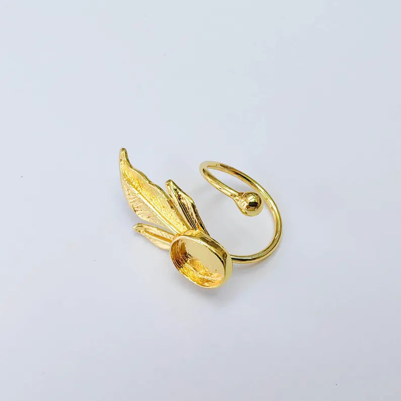 Leaf Bezel Adjustable Ring, Oval 14x10mm Setting, 24K Gold Color Ring Blank, G38187