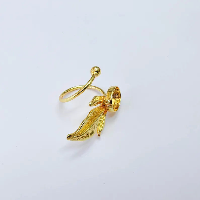 Leaf Bezel Adjustable Ring, Oval 14x10mm Setting, 24K Gold Color Ring Blank, G38187