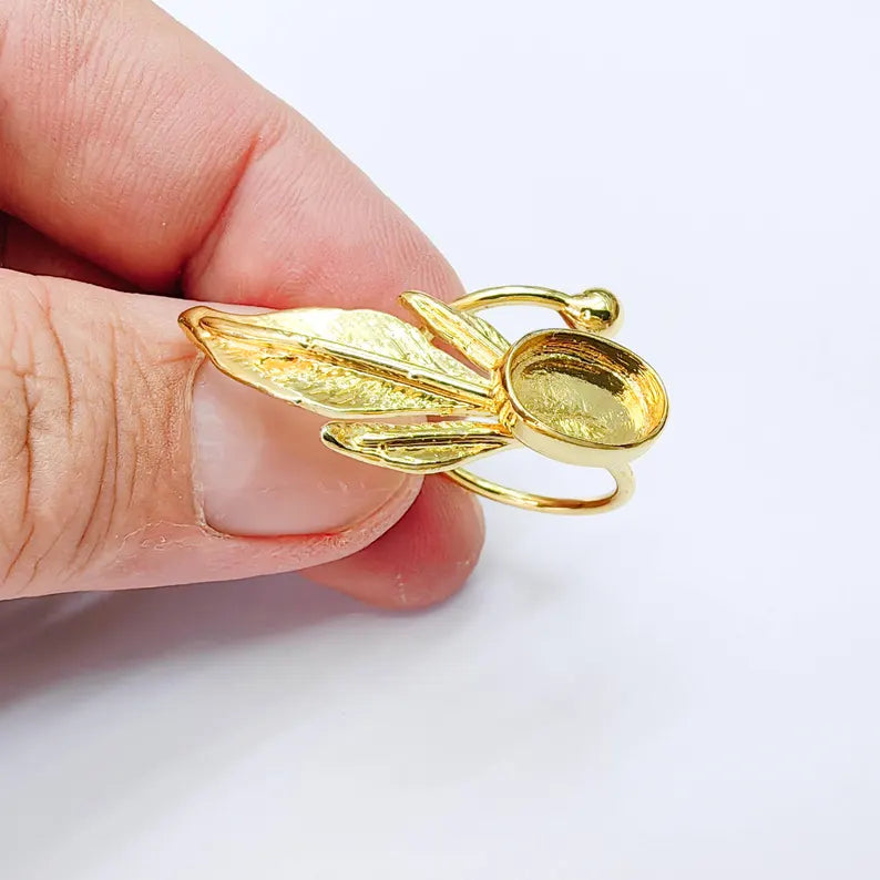 Leaf Bezel Adjustable Ring, Oval 14x10mm Setting, 24K Gold Color Ring Blank, G38187