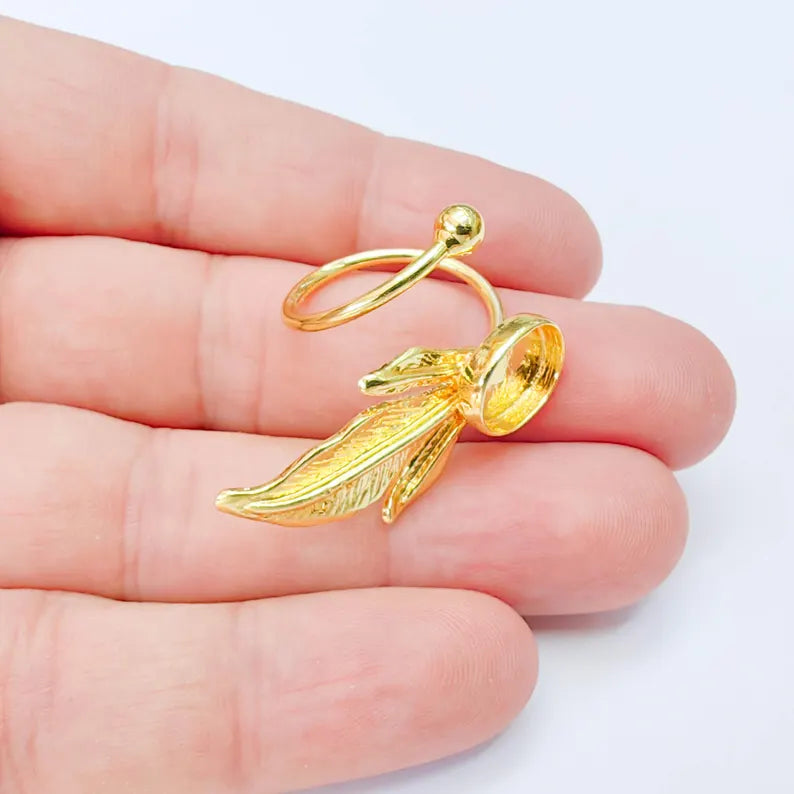 Leaf Bezel Adjustable Ring, Oval 14x10mm Setting, 24K Gold Color Ring Blank, G38187
