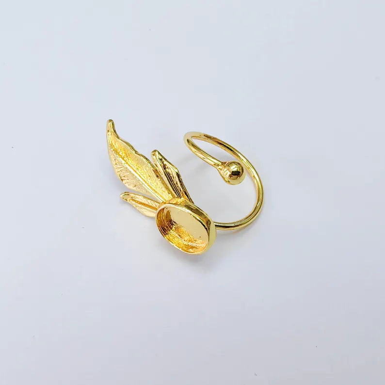 Leaf Bezel Adjustable Ring, Oval 14x10mm Setting, 24K Gold Color Ring Blank, G38187