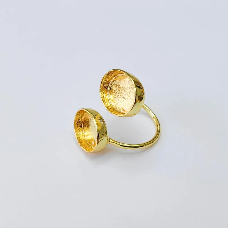 Double Oval Bezel Adjustable Ring, 14x10mm Settings, 24K Gold Color Ring Blank, G38189