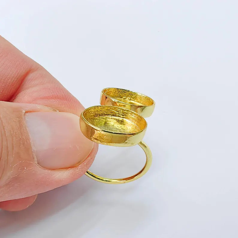 Double Oval Bezel Adjustable Ring, 14x10mm Settings, 24K Gold Color Ring Blank, G38189