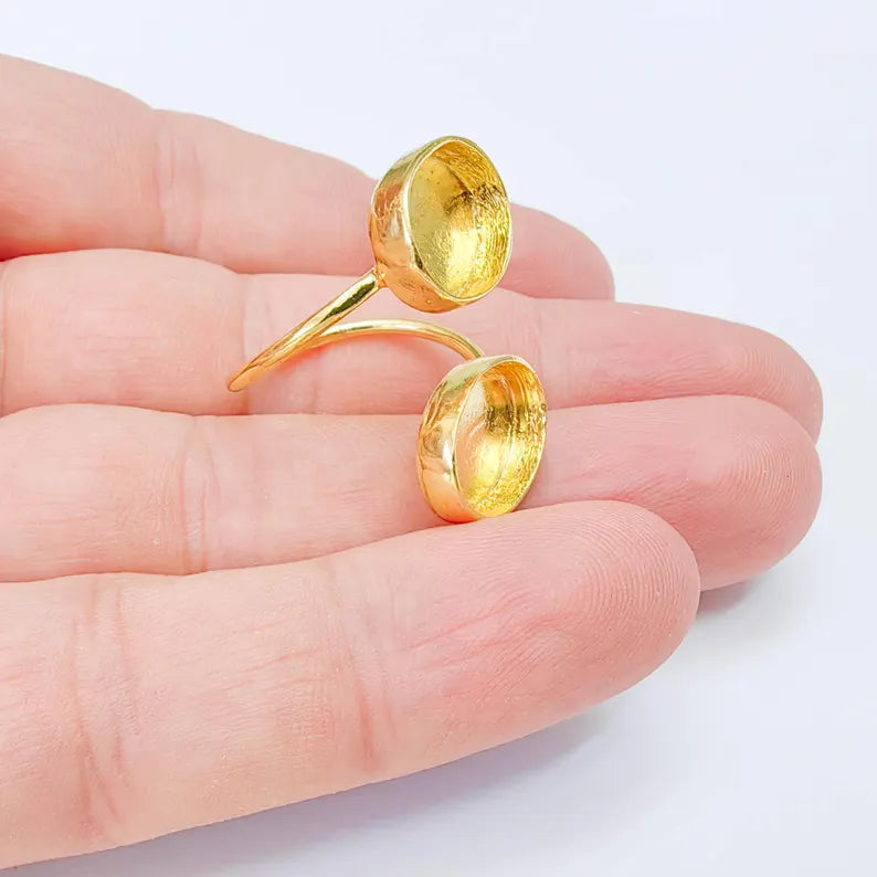 Double Oval Bezel Adjustable Ring, 14x10mm Settings, 24K Gold Color Ring Blank, G38189